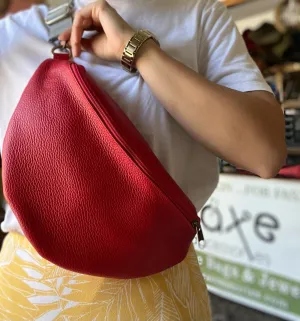 Red leather waist bag - Unisex leather fanny pack