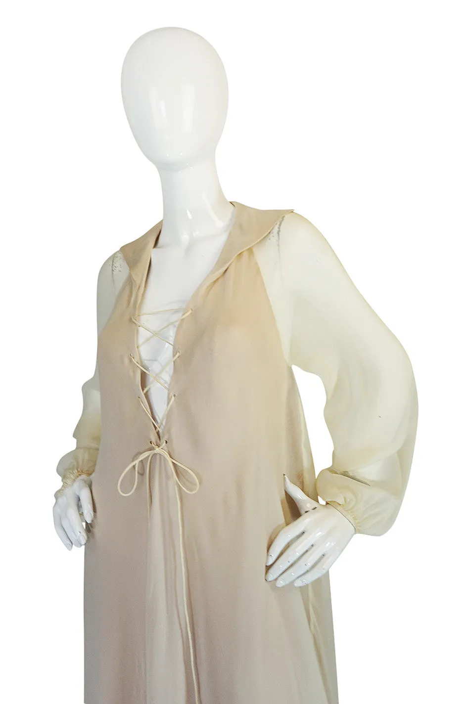 Resort 1974 Halston Bias Cut Silk Chiffon Lace Up Front Ivory Dress