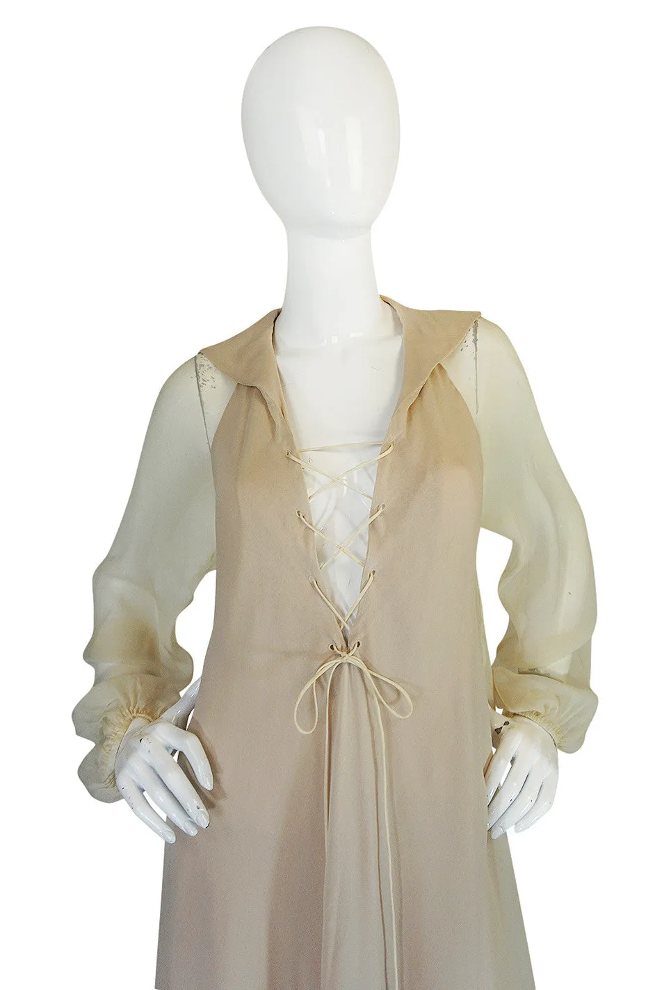 Resort 1974 Halston Bias Cut Silk Chiffon Lace Up Front Ivory Dress