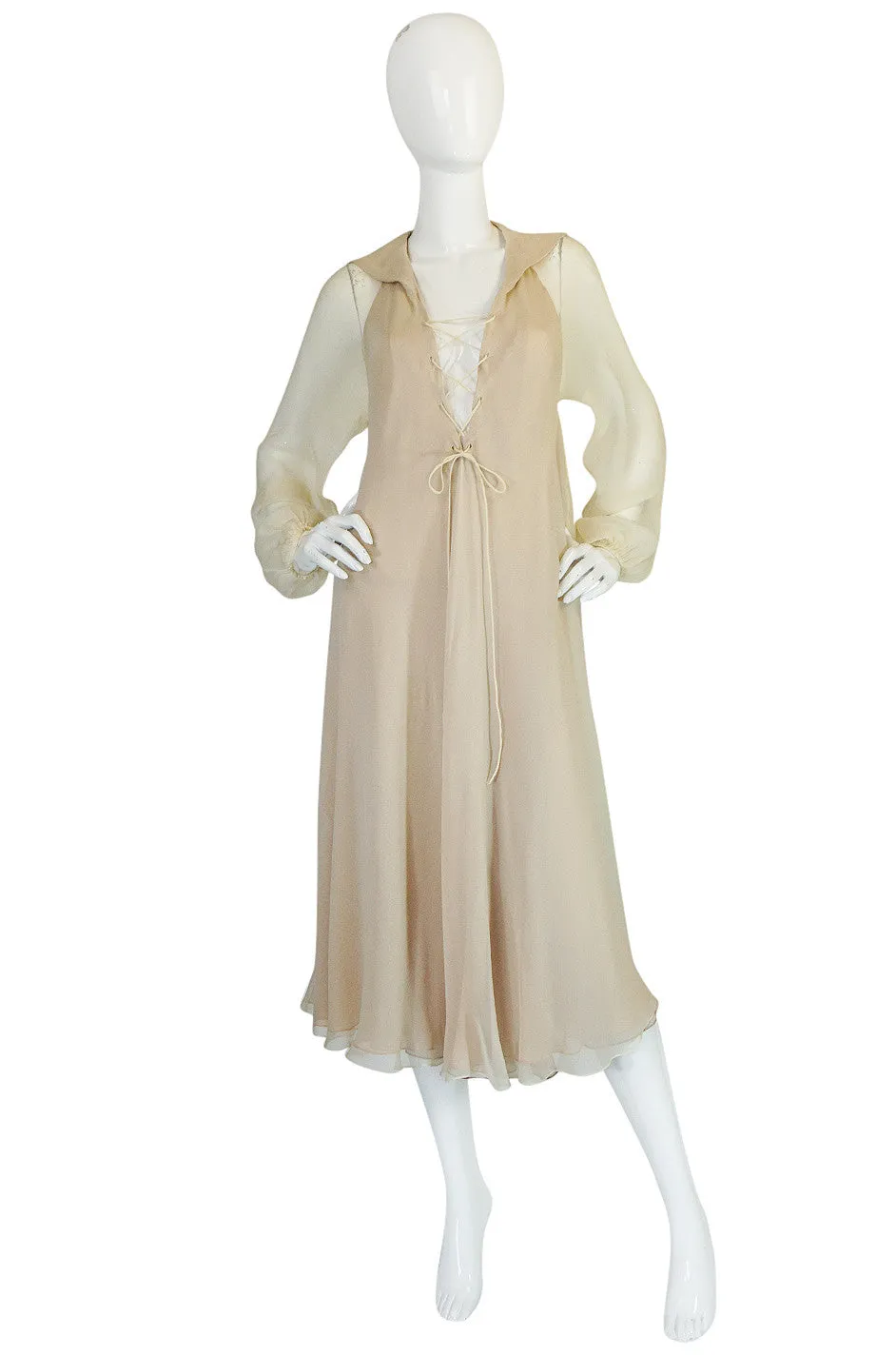 Resort 1974 Halston Bias Cut Silk Chiffon Lace Up Front Ivory Dress