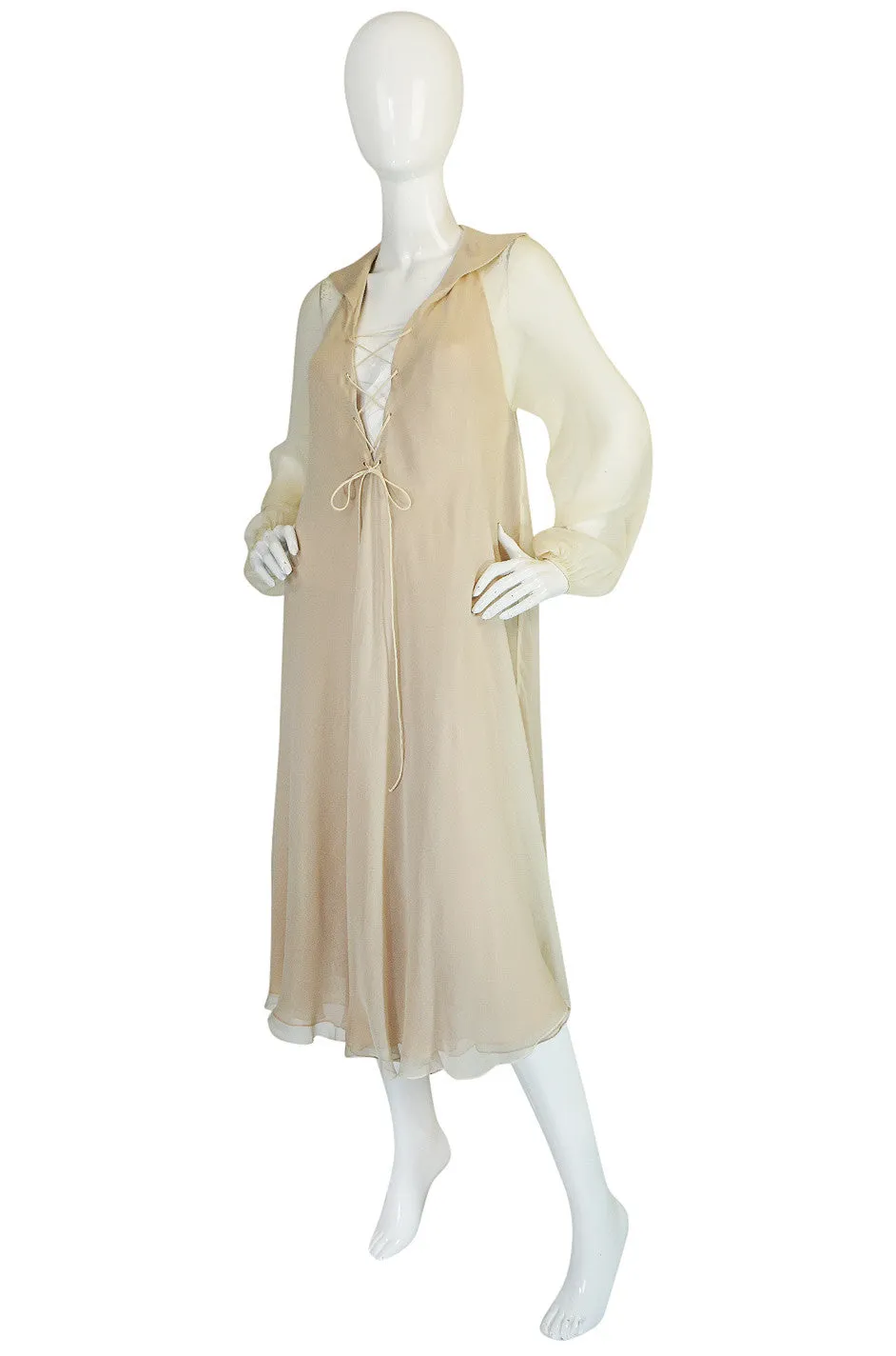 Resort 1974 Halston Bias Cut Silk Chiffon Lace Up Front Ivory Dress