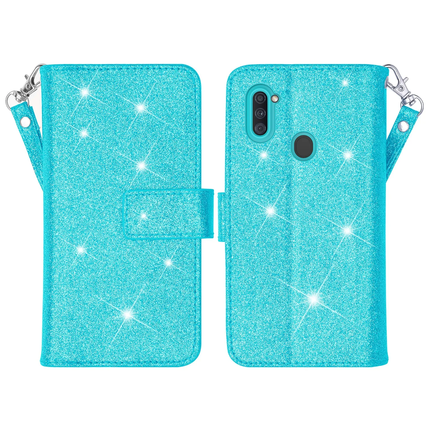 Samsung Galaxy A11 Case, Galaxy A11 Case, Glitter Faux Leather Flip Credit Card Holder Wrist Strap Shockproof Protective Wallet Case Clutch for Galaxy A11 - Teal