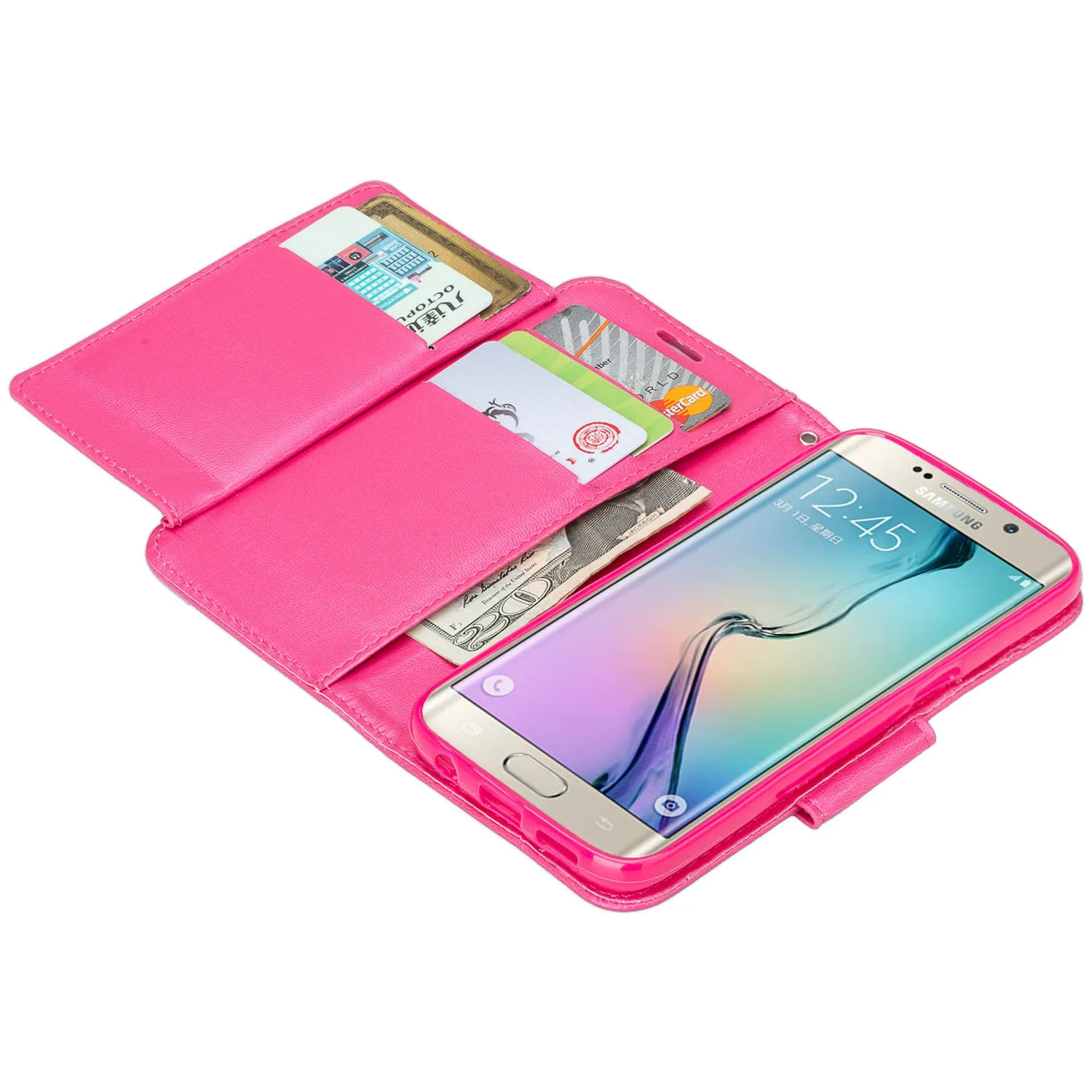 Samsung Galaxy S7 Edge Wallet Case, Wrist Strap Pu Leather Magnetic Flip Fold[Kickstand] with ID & Card Slots for Galaxy S7 Edge - Solid Hot Pink