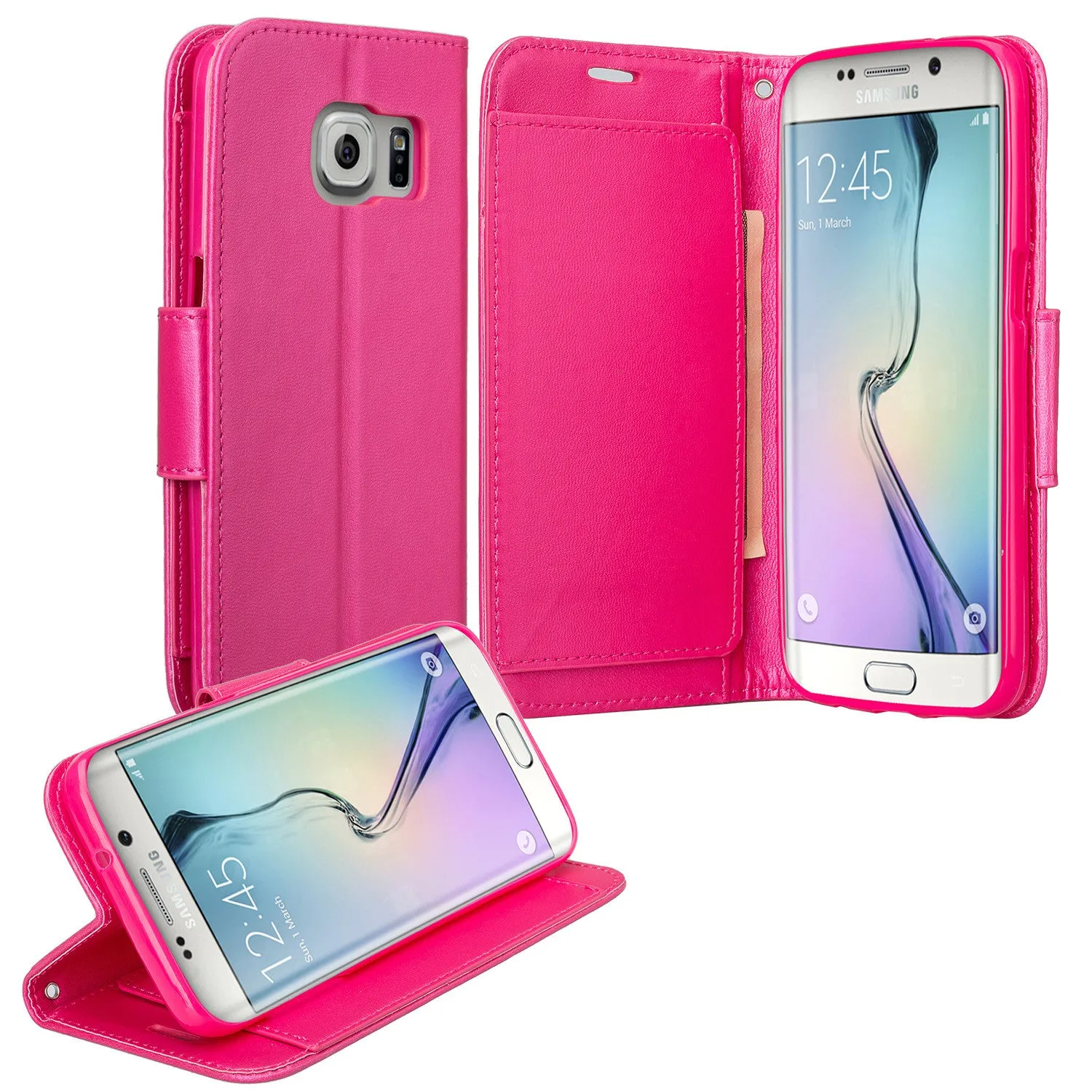 Samsung Galaxy S7 Edge Wallet Case, Wrist Strap Pu Leather Magnetic Flip Fold[Kickstand] with ID & Card Slots for Galaxy S7 Edge - Solid Hot Pink