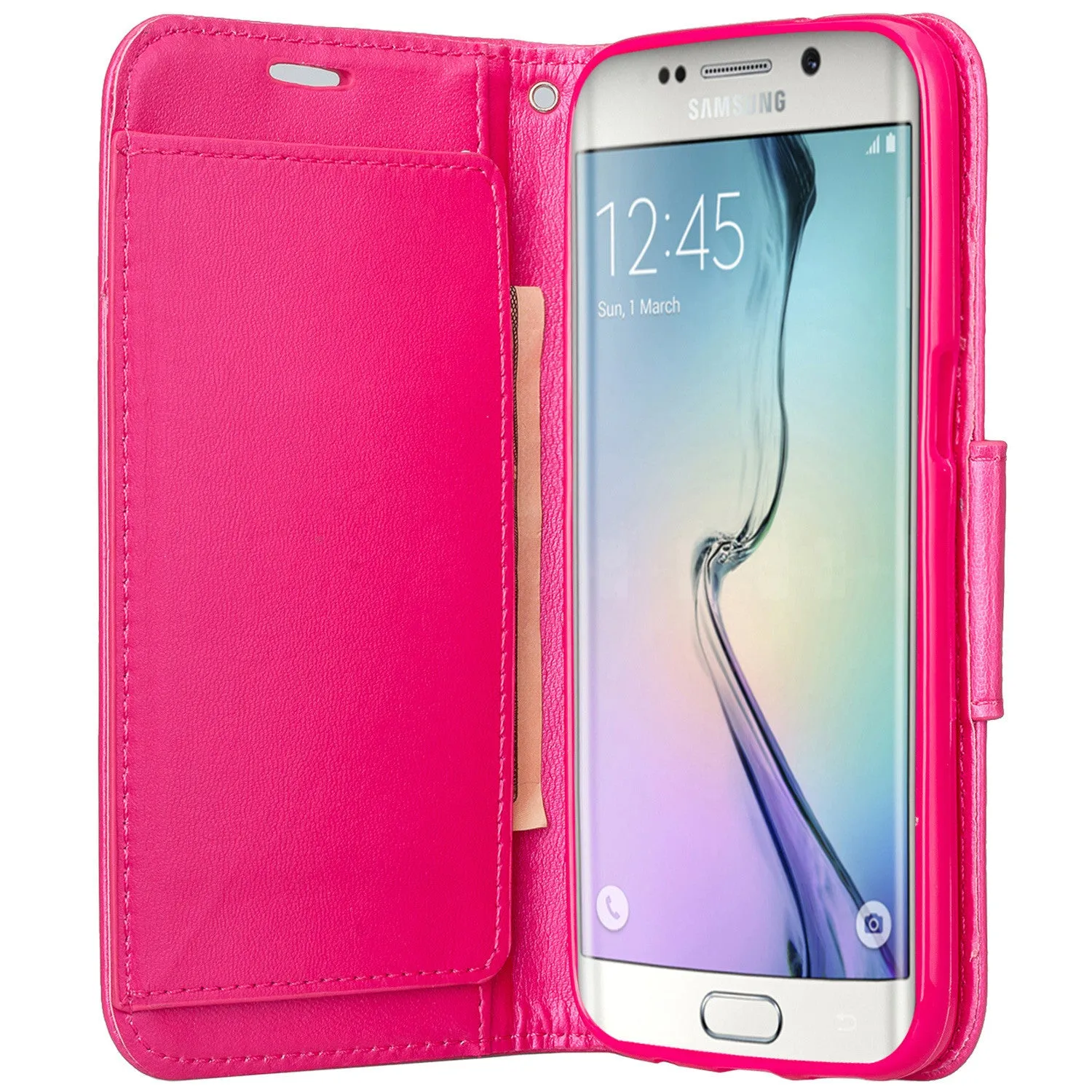 Samsung Galaxy S7 Edge Wallet Case, Wrist Strap Pu Leather Magnetic Flip Fold[Kickstand] with ID & Card Slots for Galaxy S7 Edge - Solid Hot Pink