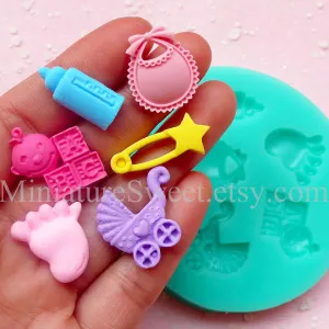 Silicone Mold Flexible Mold (Baby Stroller Foot Bib  Bottle 6pcs) Fondant Gumpaste Cupcake Topper Chocolate Clay Resin Scrapbooking MD034