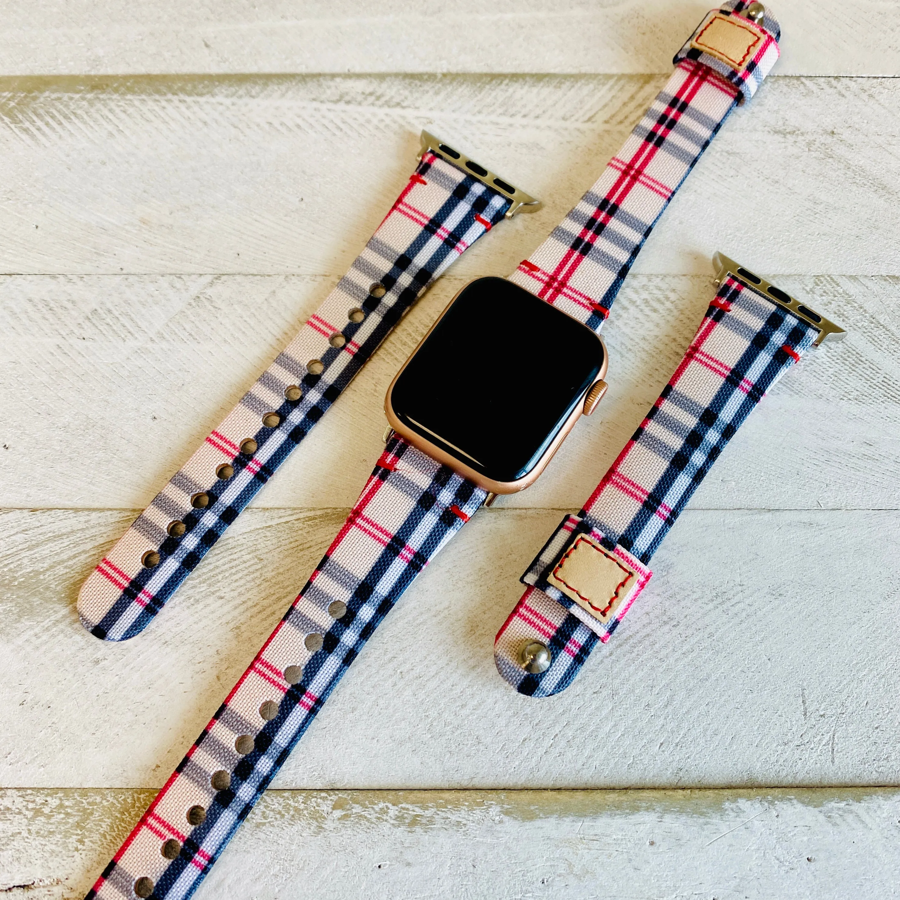 Slim Plaid Canvas Leather Lined Band For Apple Watch