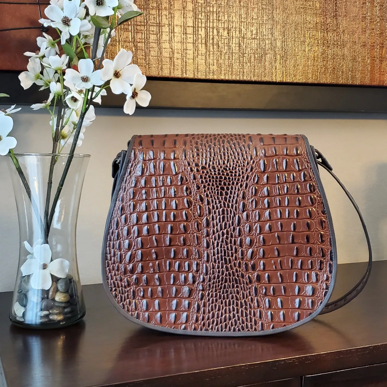 Sophia Saddle Handbag in Leather - Brown/Reptile Embossed Print