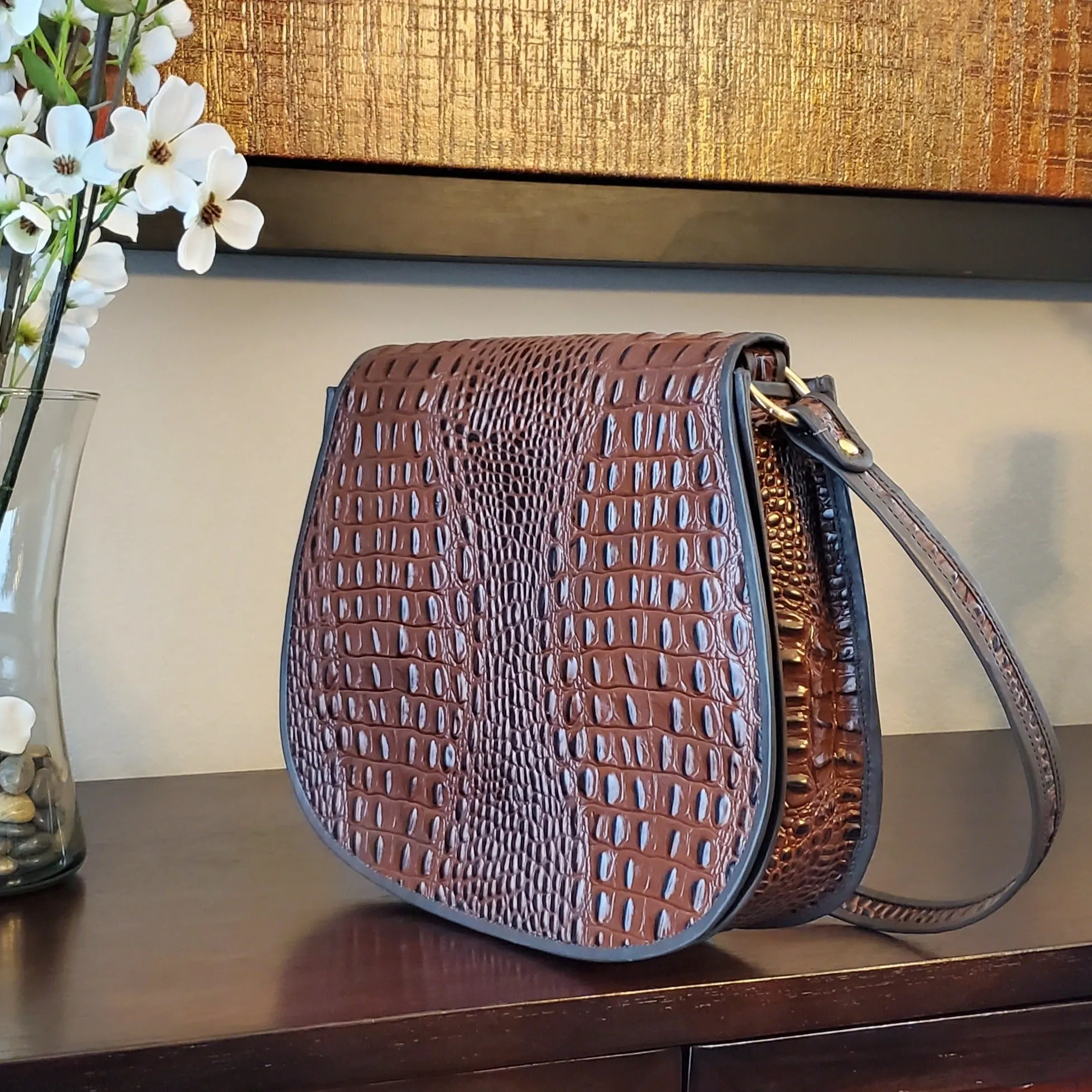 Sophia Saddle Handbag in Leather - Brown/Reptile Embossed Print