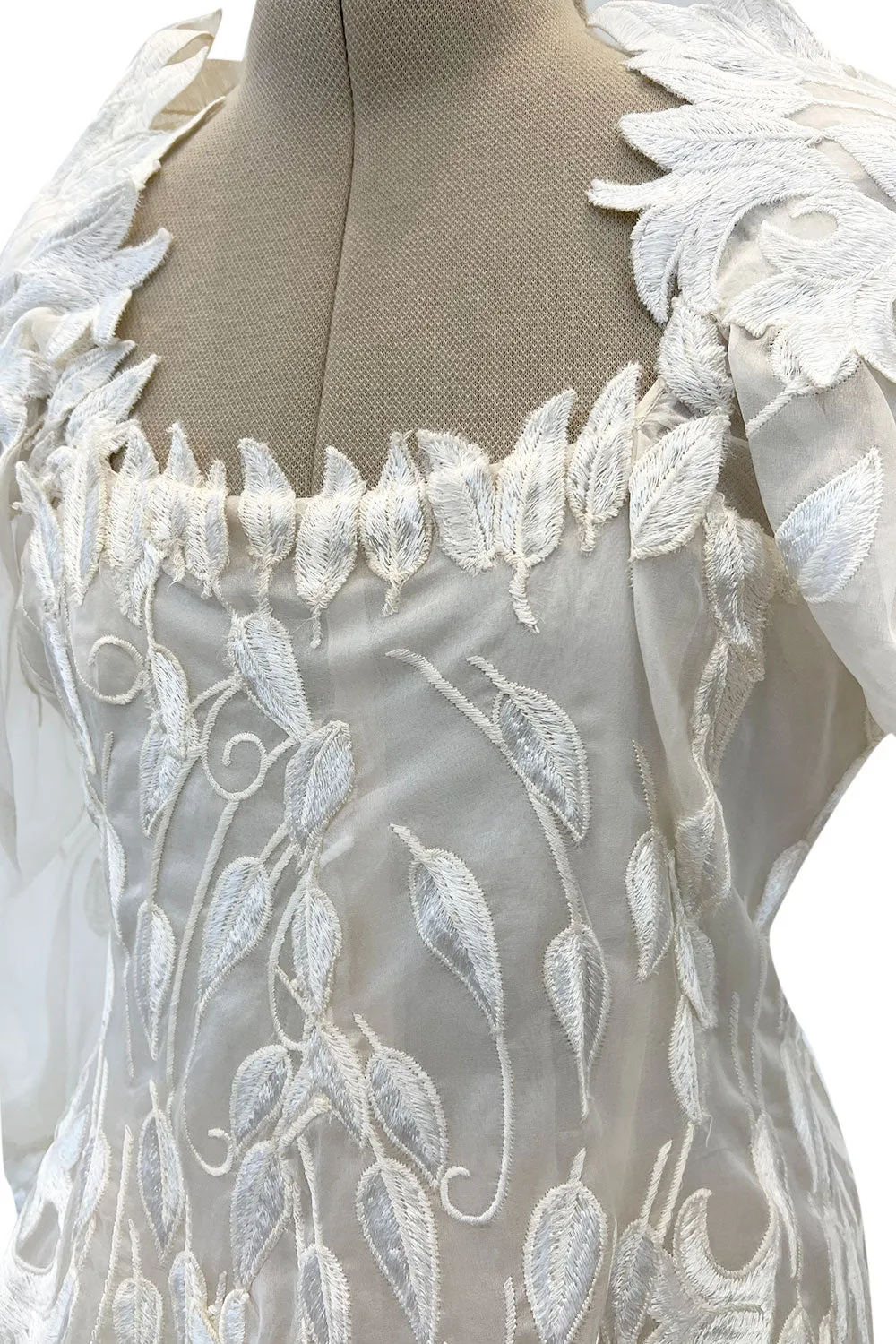 Spectacular Fall 1972 Stavropoulos 'Leaf' Applique Embroidered Silk Organza Ivory Couture Dress