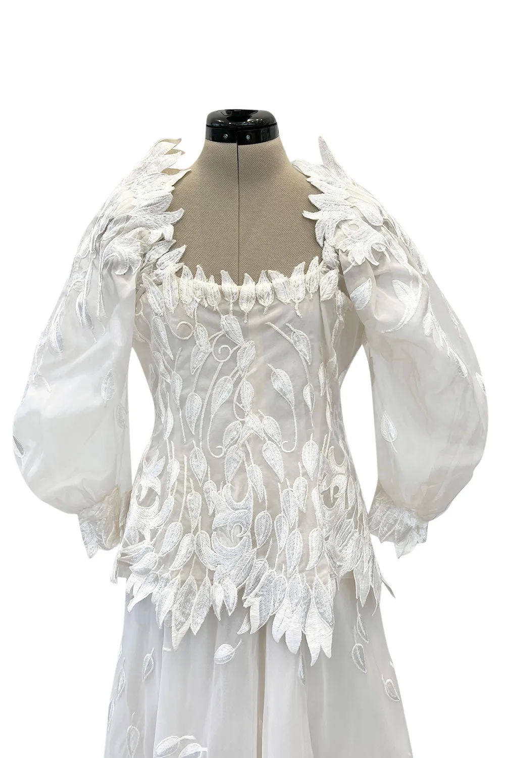 Spectacular Fall 1972 Stavropoulos 'Leaf' Applique Embroidered Silk Organza Ivory Couture Dress