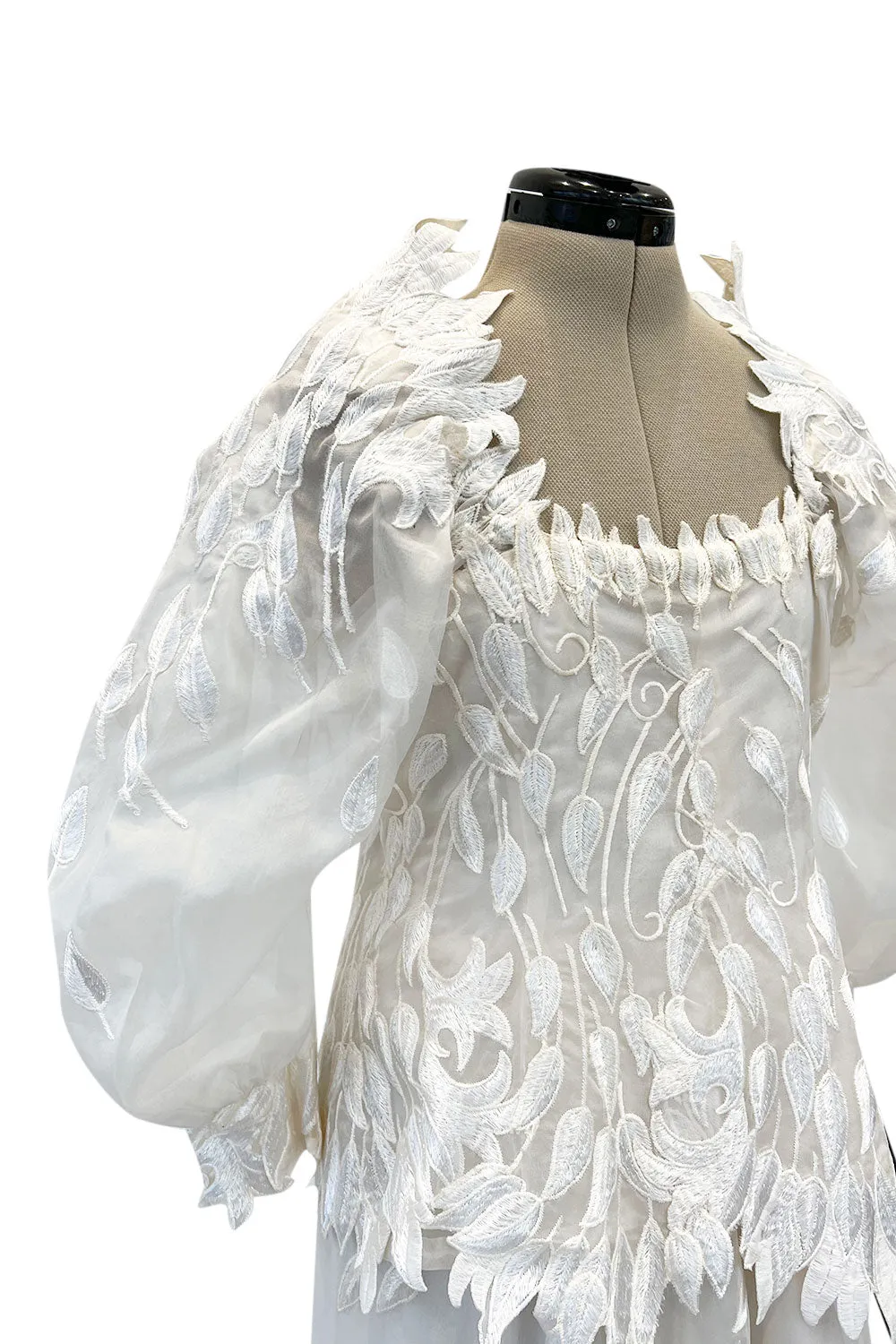 Spectacular Fall 1972 Stavropoulos 'Leaf' Applique Embroidered Silk Organza Ivory Couture Dress