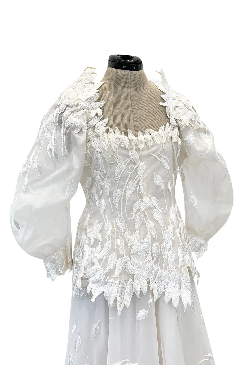 Spectacular Fall 1972 Stavropoulos 'Leaf' Applique Embroidered Silk Organza Ivory Couture Dress