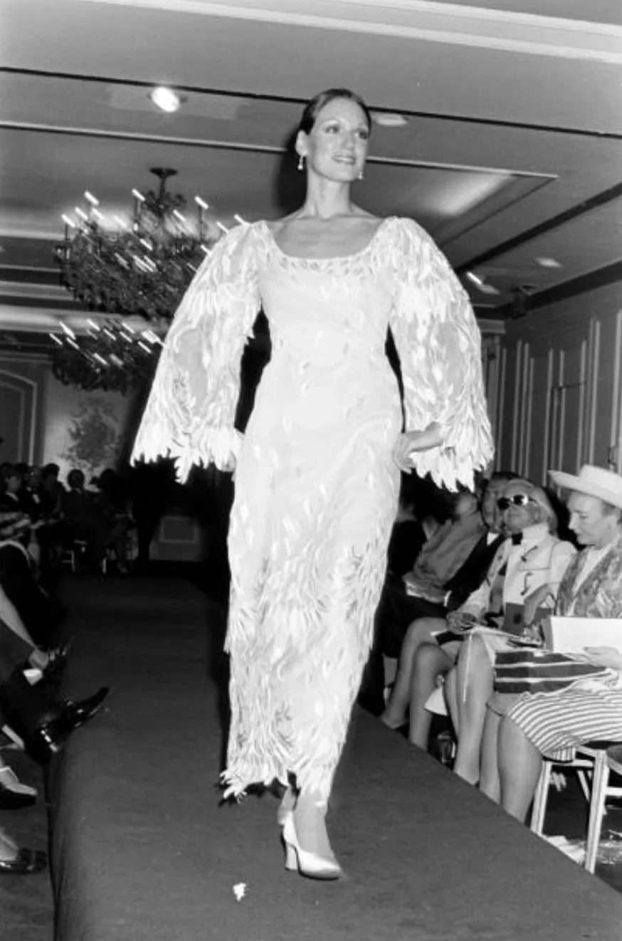 Spectacular Fall 1972 Stavropoulos 'Leaf' Applique Embroidered Silk Organza Ivory Couture Dress