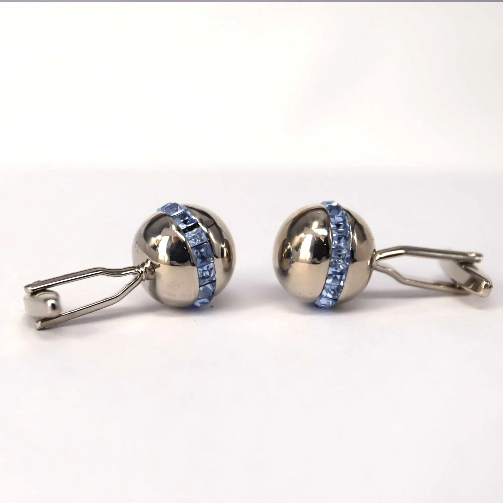 Sphere Silver Cufflinks with Blue Crystals