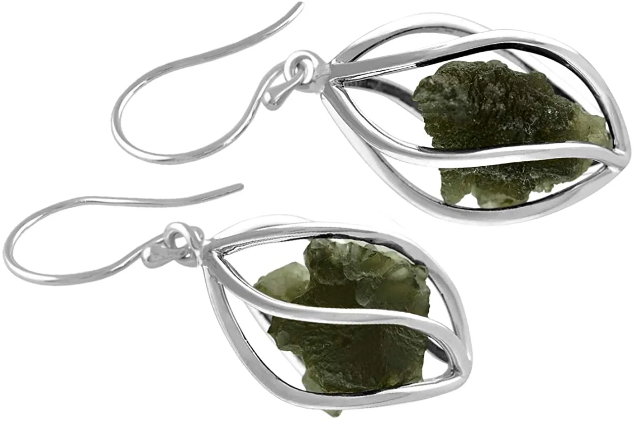 Starborn Sterling Silver Natural Moldavite Caged Earrings