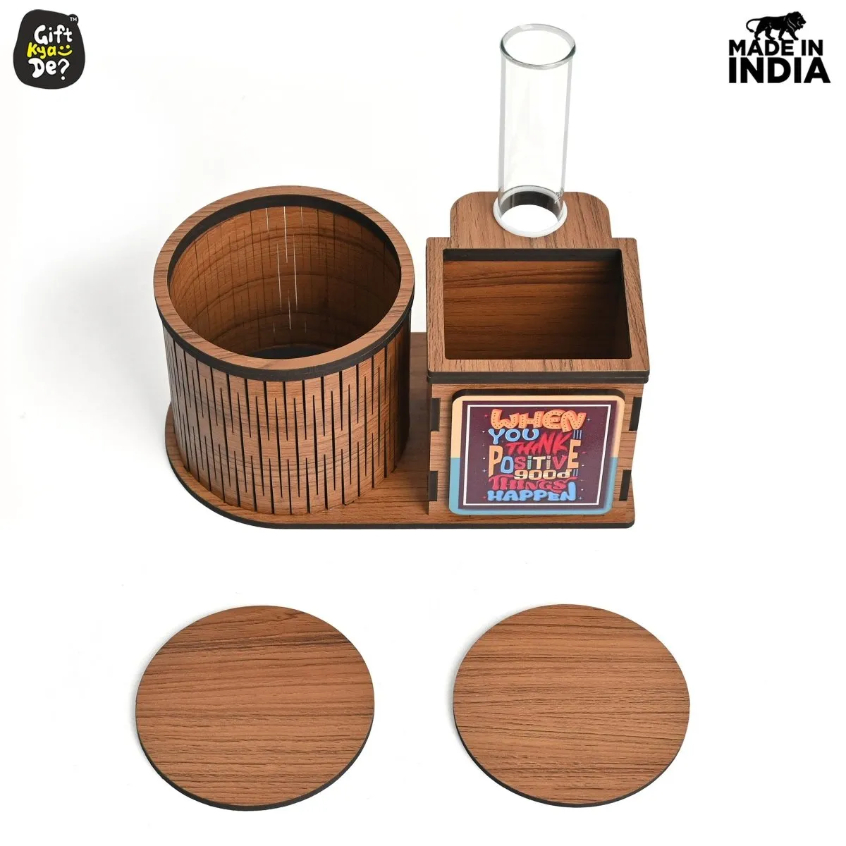 Test Tube Planter With Wooden Water Bottle Holder, Wooden Pen Stand & Coasters | Corporate Gifts | Eco-Friendly