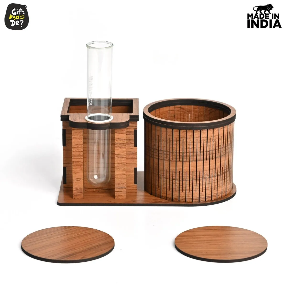 Test Tube Planter With Wooden Water Bottle Holder, Wooden Pen Stand & Coasters | Corporate Gifts | Eco-Friendly