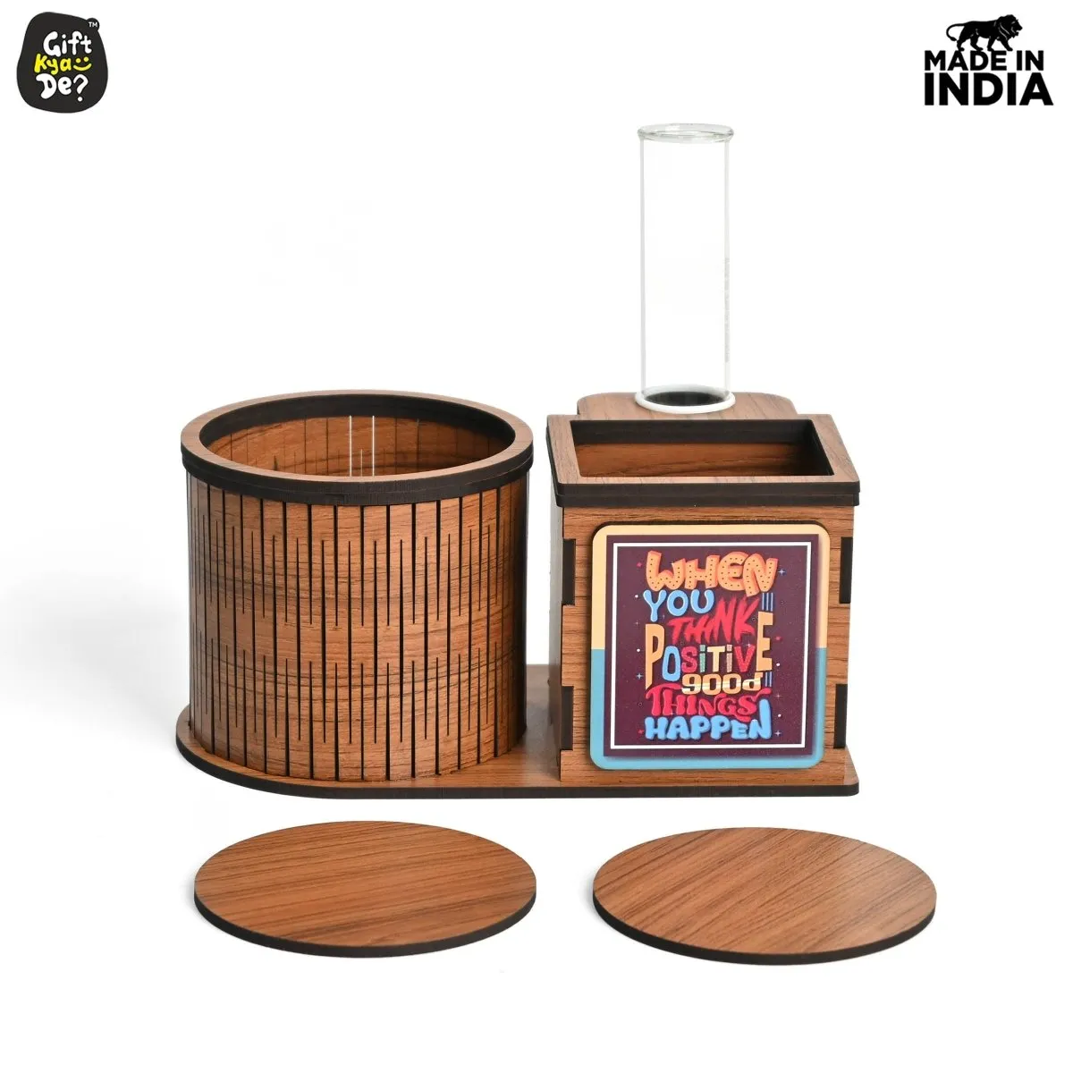 Test Tube Planter With Wooden Water Bottle Holder, Wooden Pen Stand & Coasters | Corporate Gifts | Eco-Friendly