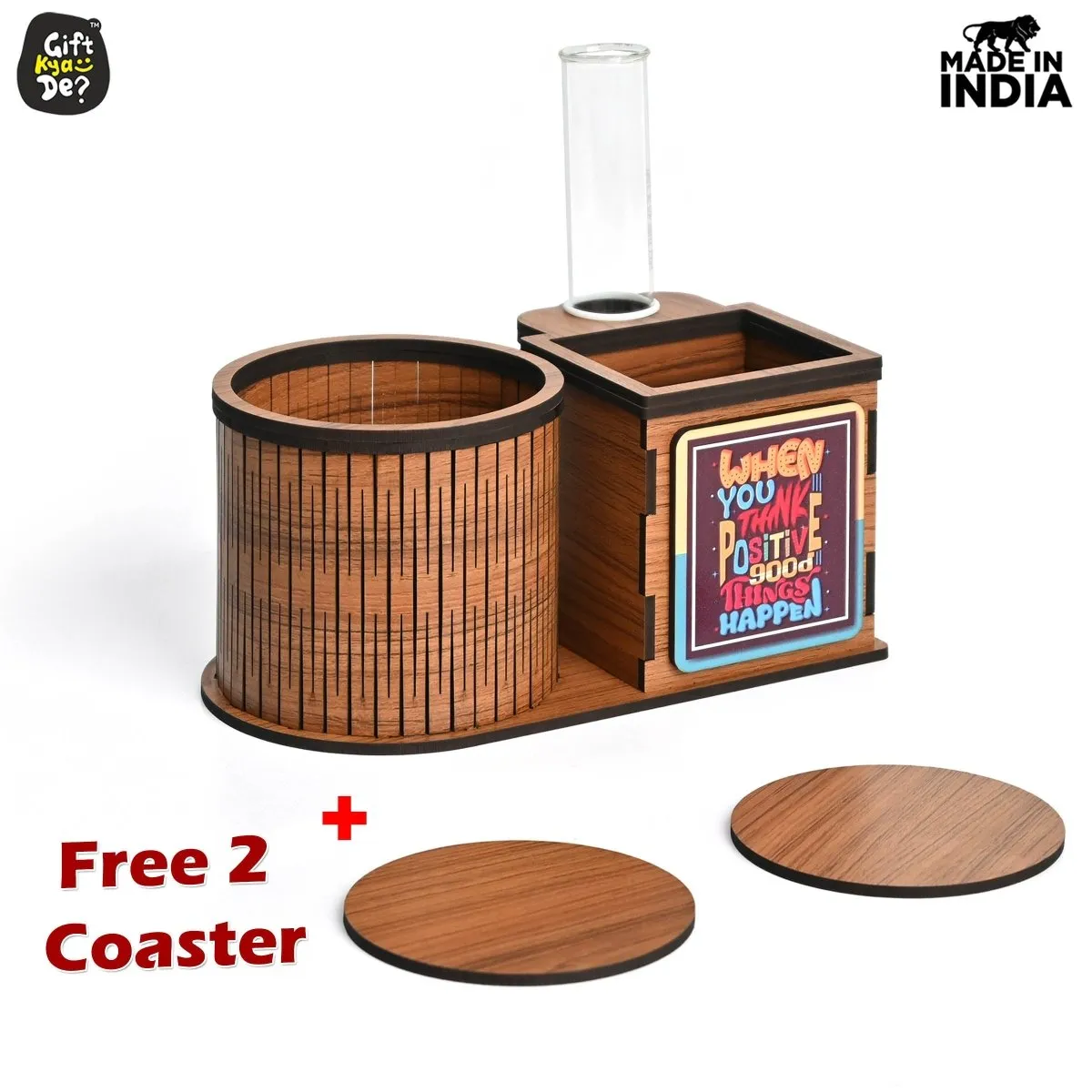 Test Tube Planter With Wooden Water Bottle Holder, Wooden Pen Stand & Coasters | Corporate Gifts | Eco-Friendly