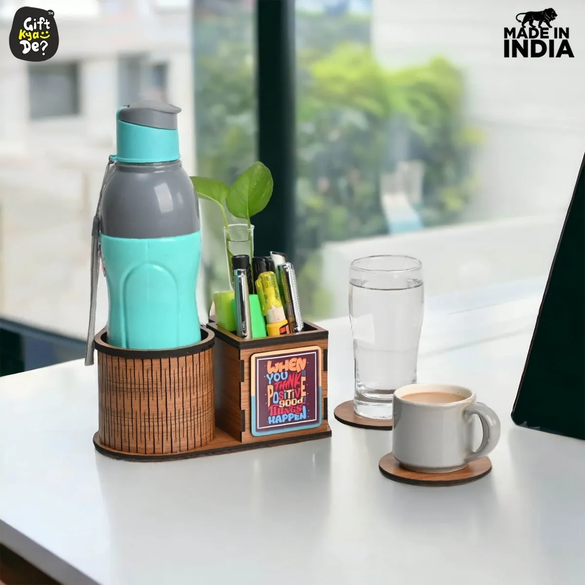 Test Tube Planter With Wooden Water Bottle Holder, Wooden Pen Stand & Coasters | Corporate Gifts | Eco-Friendly