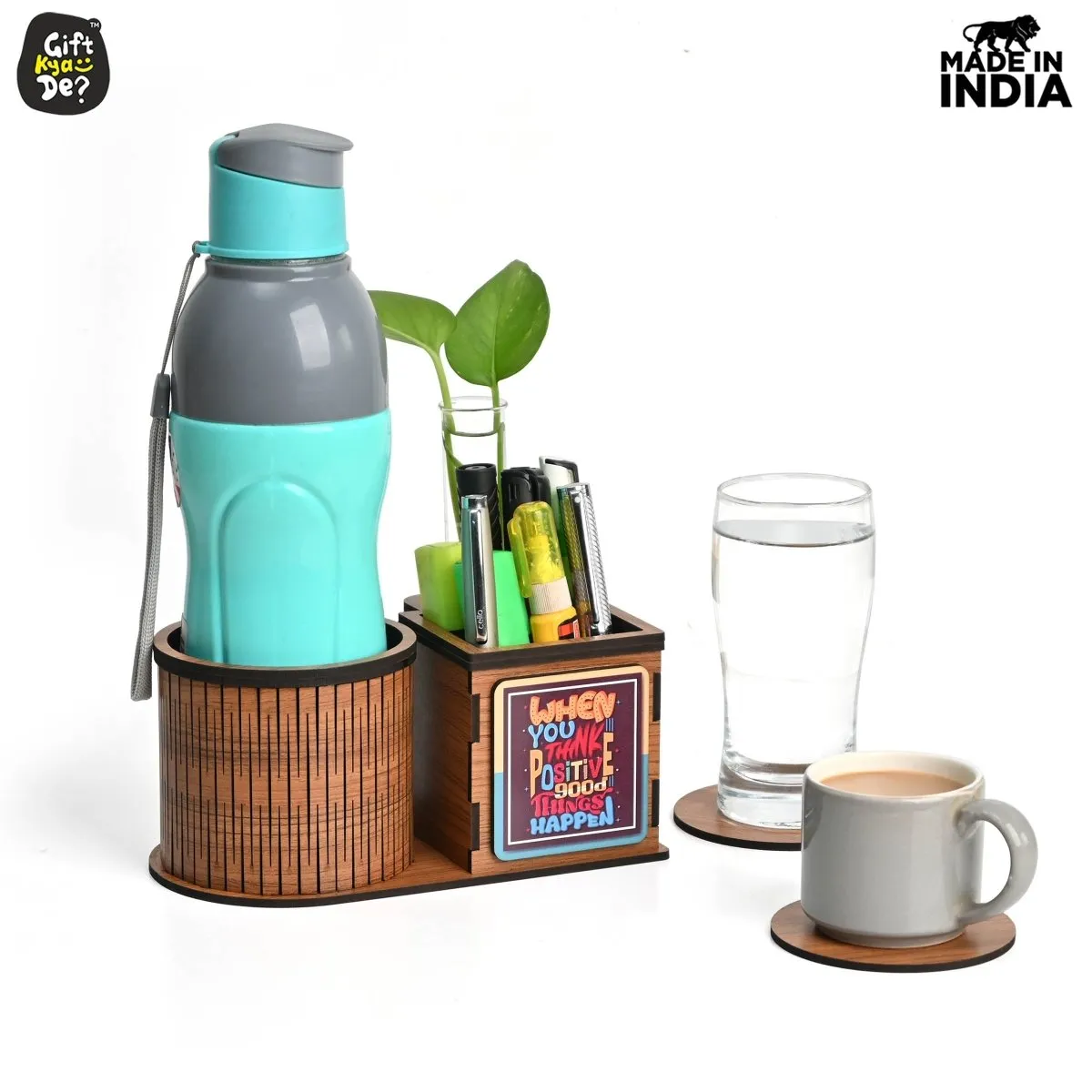 Test Tube Planter With Wooden Water Bottle Holder, Wooden Pen Stand & Coasters | Corporate Gifts | Eco-Friendly