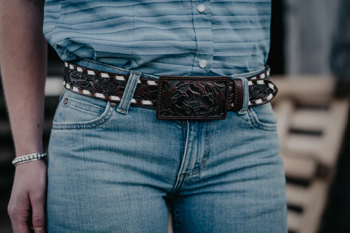 Tooled Leather Belts with Rectangular Leather Buckle (2 Colours, Sizes 32-38)