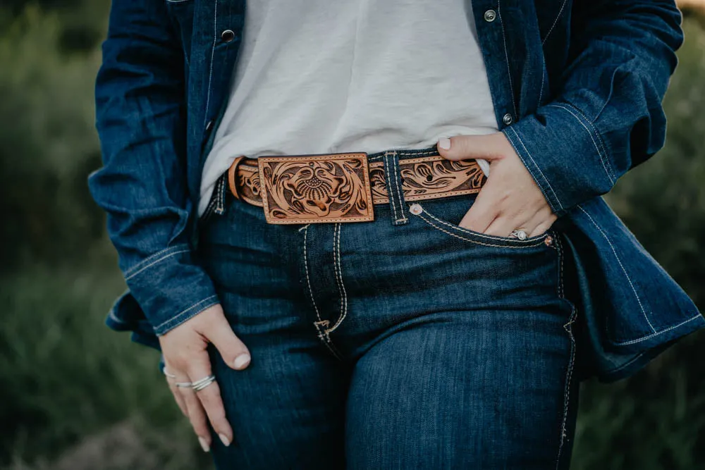 Tooled Leather Belts with Rectangular Leather Buckle (2 Colours, Sizes 32-38)