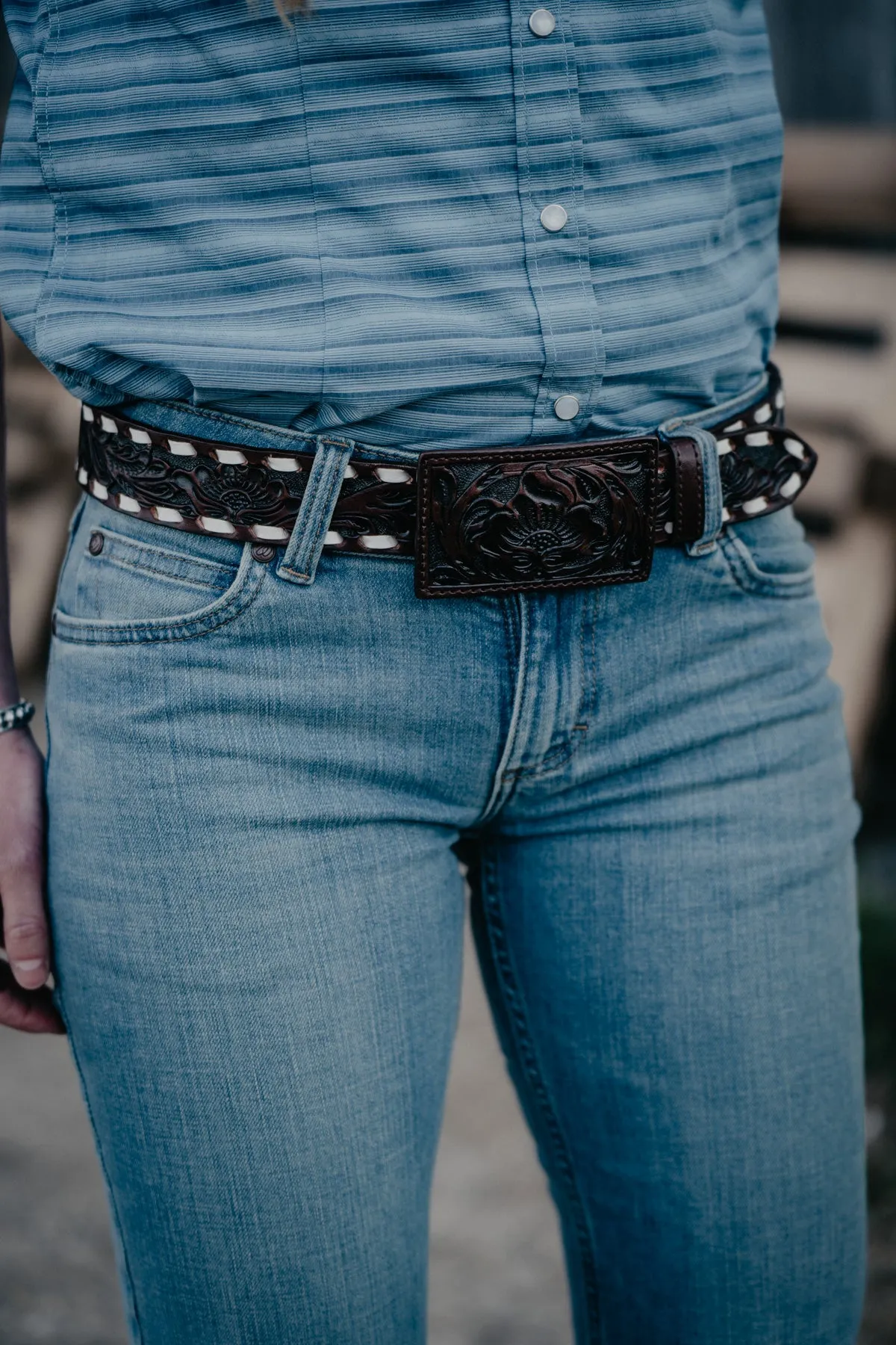 Tooled Leather Belts with Rectangular Leather Buckle (2 Colours, Sizes 32-38)