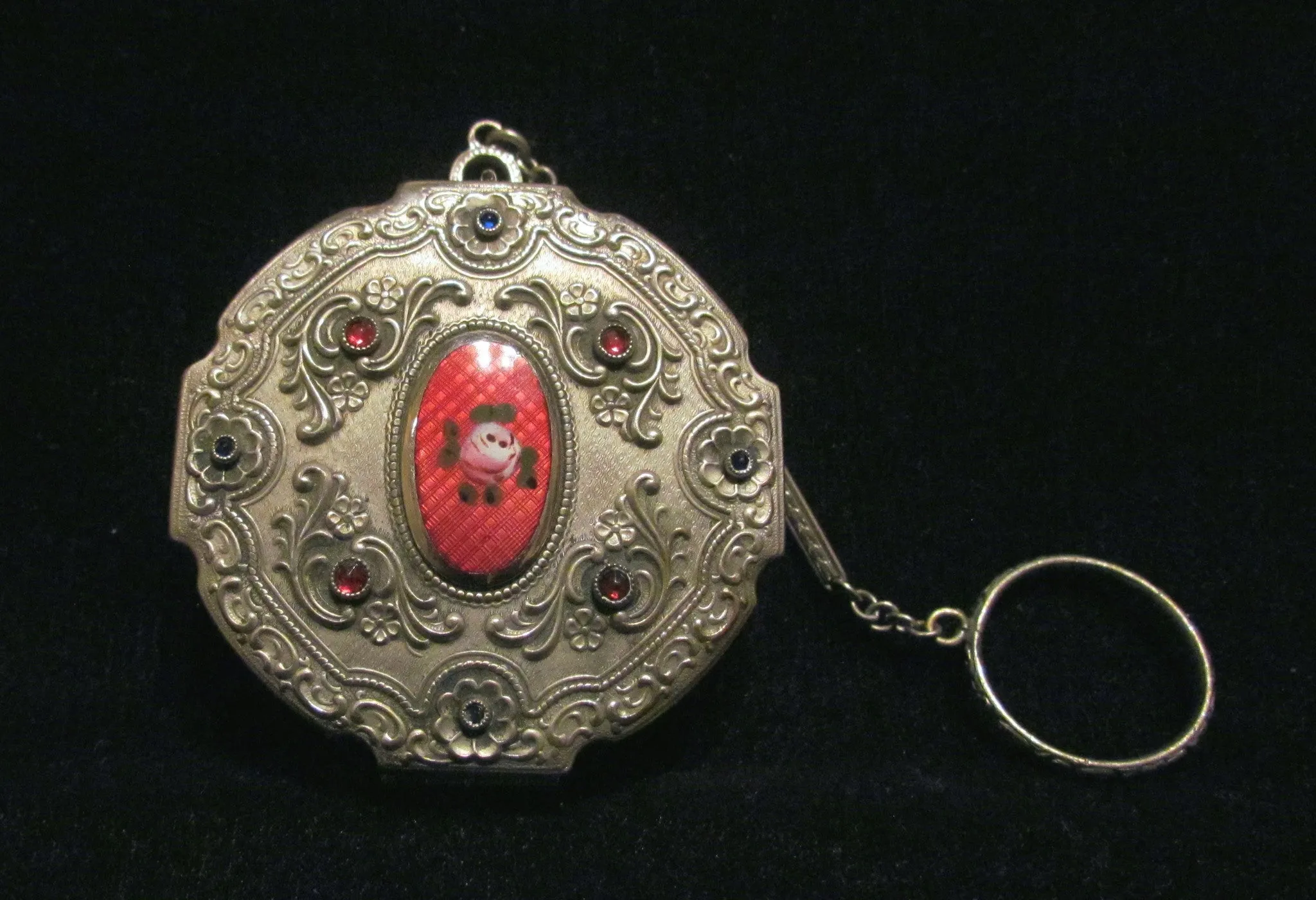 Victorian Silver Compact Purse Red Guilloche Blue And Red Stones Finger Ring Evans May Fair RARE