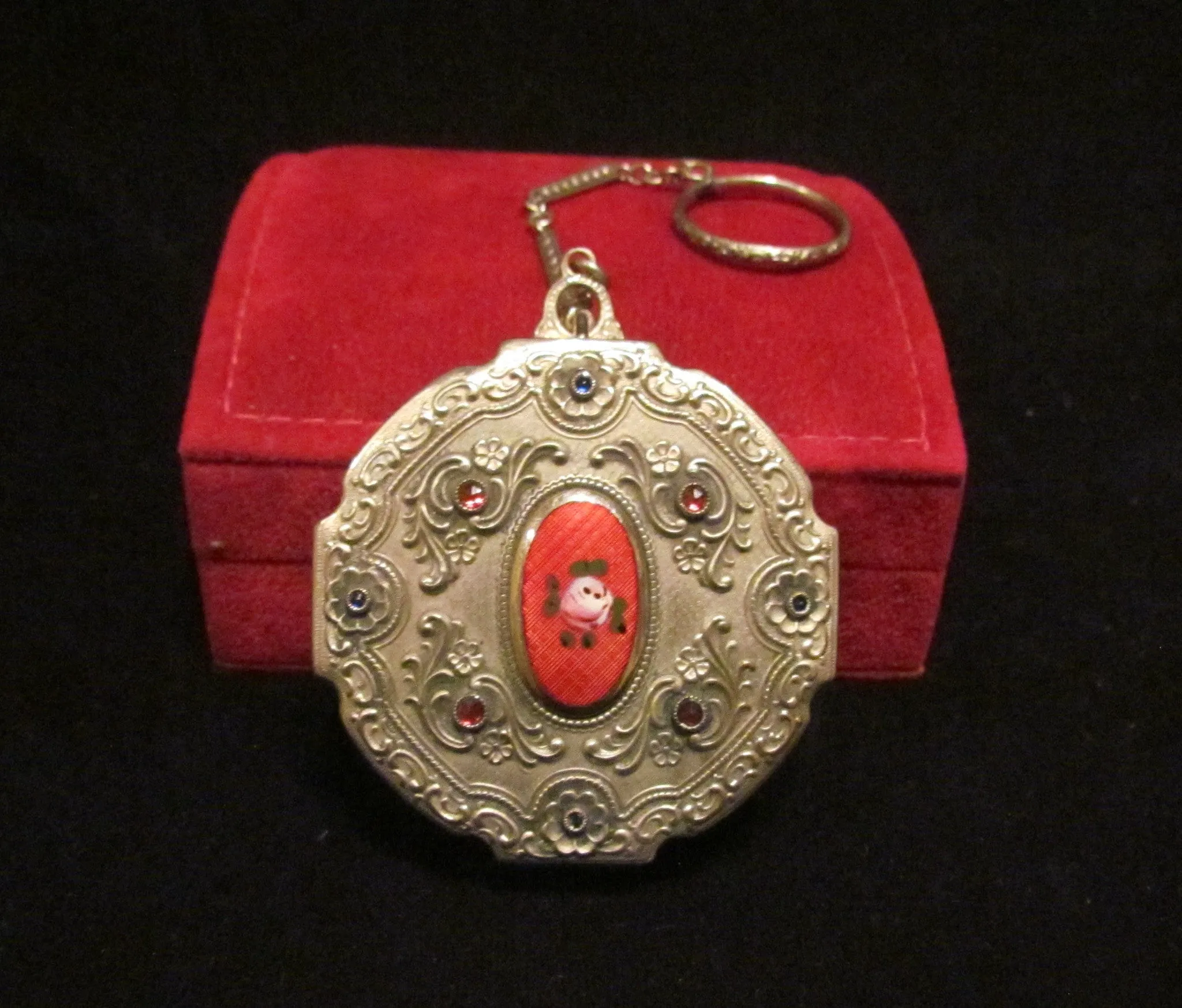 Victorian Silver Compact Purse Red Guilloche Blue And Red Stones Finger Ring Evans May Fair RARE