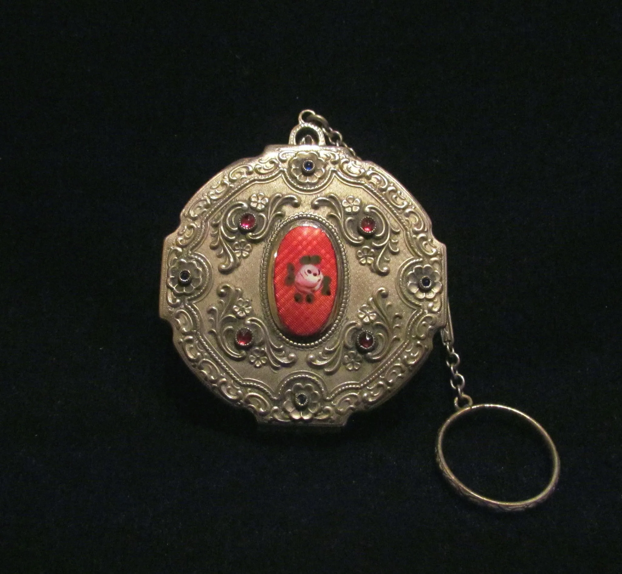 Victorian Silver Compact Purse Red Guilloche Blue And Red Stones Finger Ring Evans May Fair RARE