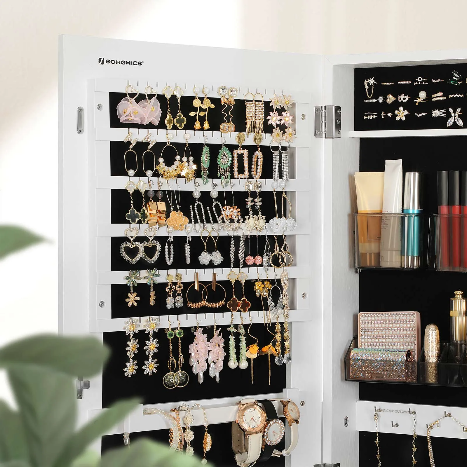 White Wall-Mounted Jewelry Armoire with Mirror