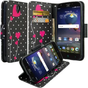 ZTE Grand X3, ZMAX Grand, ZMAX Champ, Warp 7, Avid 916 Case, Wrist Strap Magnetic Fold[Kickstand] Pu Leather Wallet Case Cover with ID & Credit Card Slots - Polka Dots