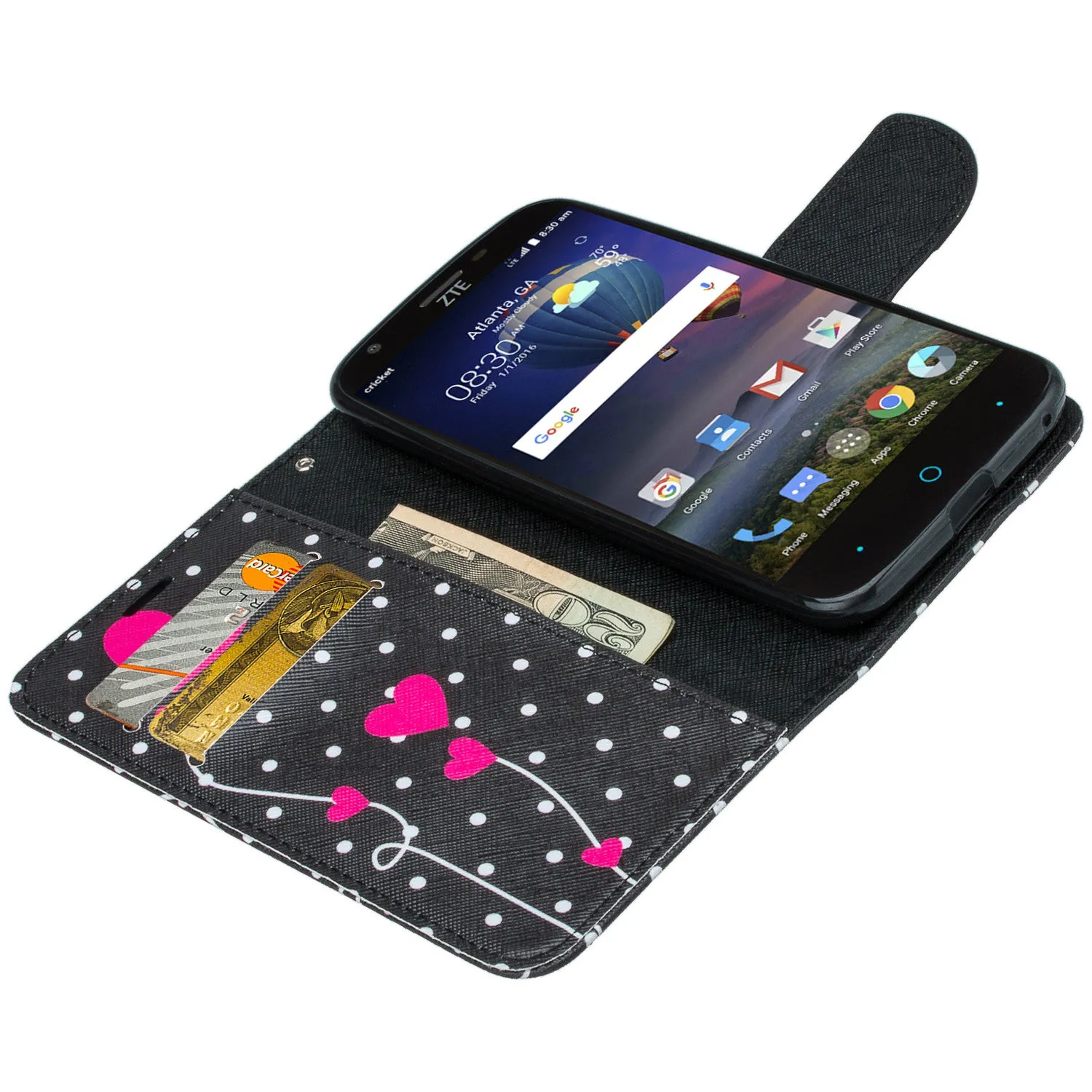 ZTE Grand X3, ZMAX Grand, ZMAX Champ, Warp 7, Avid 916 Case, Wrist Strap Magnetic Fold[Kickstand] Pu Leather Wallet Case Cover with ID & Credit Card Slots - Polka Dots